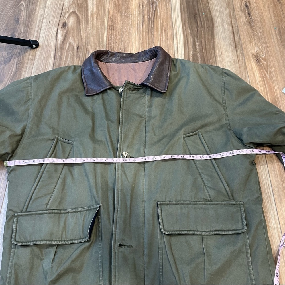 Vintage men’s canvas chore coat leather collar large barn work long oversized - Picture 11 of 11